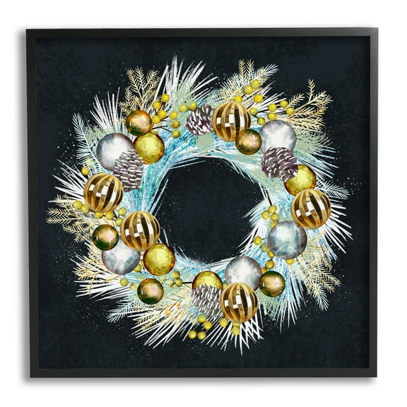 Gleaming Seasonal Pine Wreath Holiday Graphic Art Black Framed Art Print Wall Art