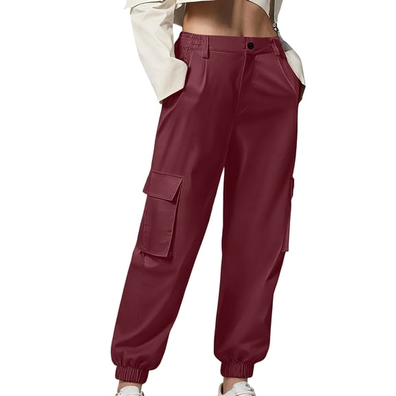 Lenpel Women's Plus Size Cargo Joggers Baggy High Waisted Tapered Leg Hiking Travel Pants Dressy Casual Work Pants(Wine,X-Large)