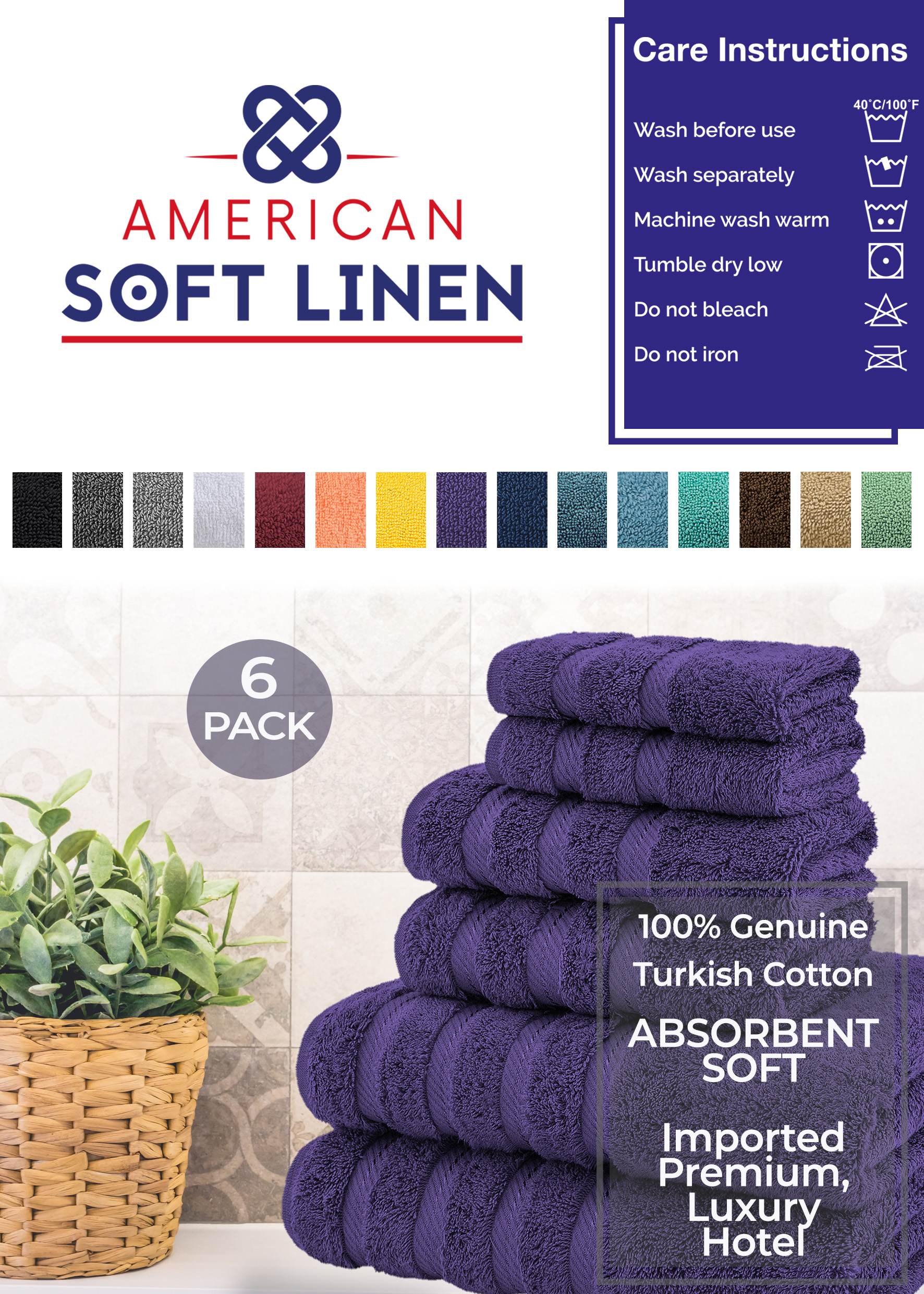 American Soft Linen Turkish Cotton Towel Set, Purple, 6-Piece photo 3
