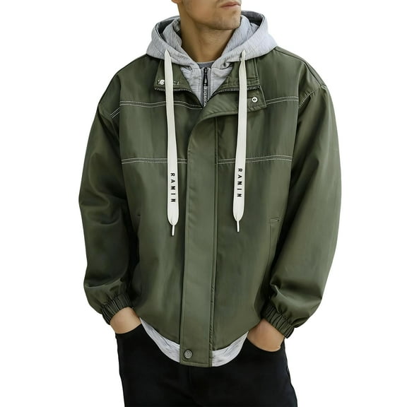 Men's Spring & Fall Lightweight Hooded Colorblock Fake Two-Piece Windbreaker, Army Green, Size L