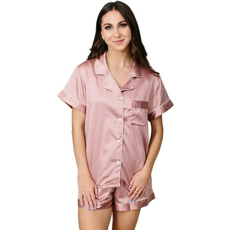 

Belles Design Womens Short Sleeve Satin Silk Pajama Set Button Down 2 pieces Loungewear Sleepwear