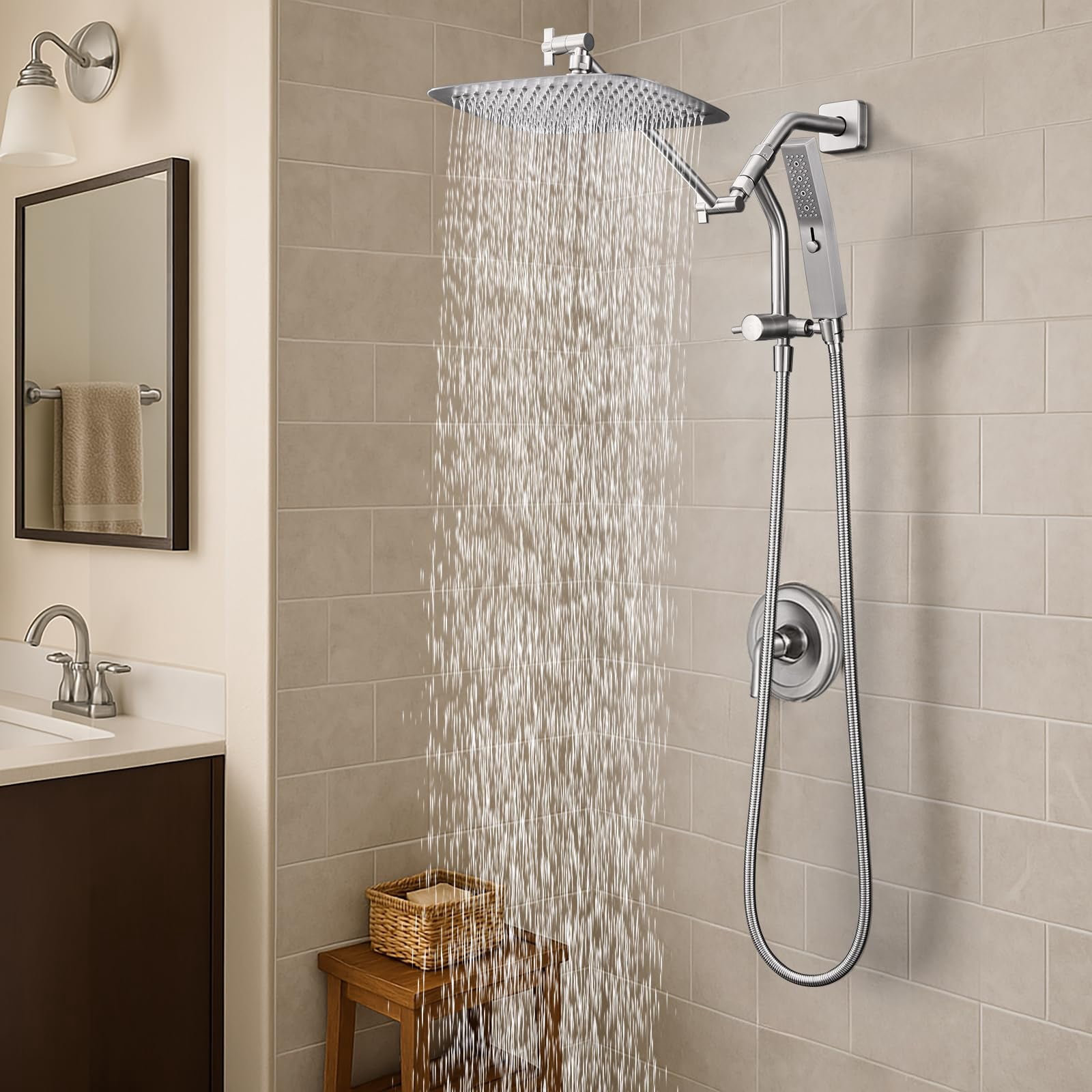 All Metal 10 Inch Shower Head With Massage Mode Handheld  Rain Spray Combo 3-way Diverter Pause Setting 11 Adjustable Extension Arm (brushed Nickel)