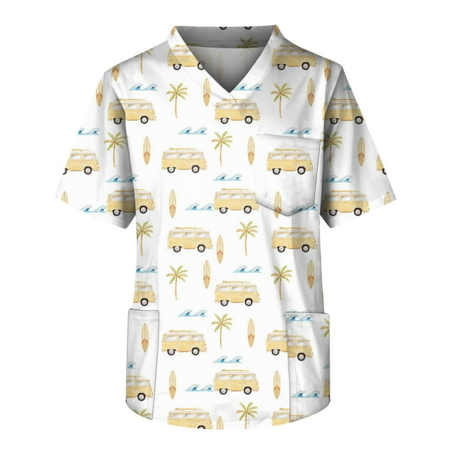 LINMOUA Plus Size Halloween Printed Scrub Working Uniform Tops For Men's Cross V-Neck Short Sleeve Fun T-Shirts Workwear Tee With Pockets