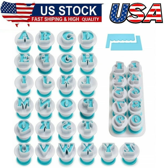 36 Pcs Alphabet Numbers Fondant Cake Mold, Cookie Stamp Impress, Embosser Cutter