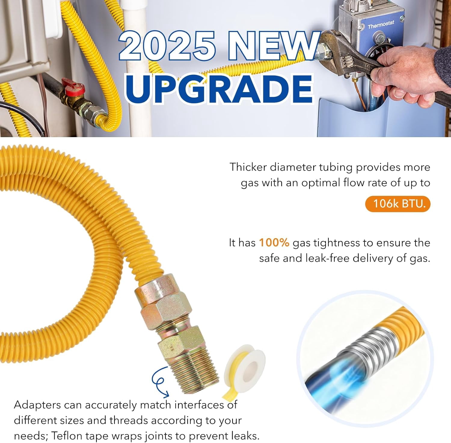 72" Flexible Yellow-Coated Corrugated Stainless Steel Gas Connector Kit for Dryer and Stove Range, 5/8" OD x 1/2" ID, Comes with 6 Pieces Connectors Including 3/4" MIP & 1/2" Fitting