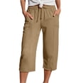 thumbnail image 2 of Bloomae Cotton Linen Capri Pants for Women 2026 Summer Lightweight Casual Plus Size Capris Loose Wide Leg High Waisted Drawstring Croped Pants with Pockets, 2 of 7