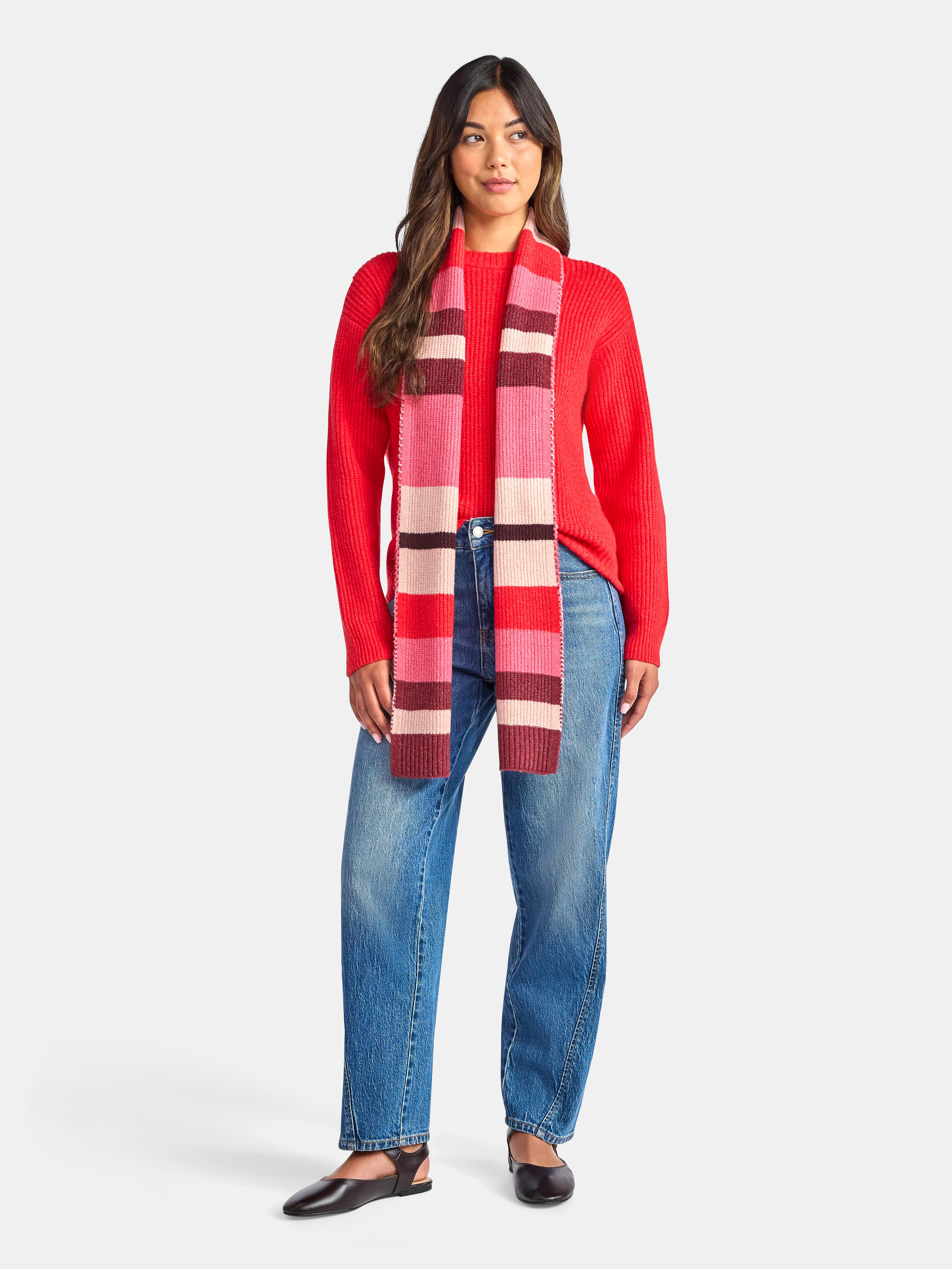 Time and Tru Women's Ribbed Crewneck Sweater and Stripe Scarf Set, 2-Piece, Sizes XS-XXXL