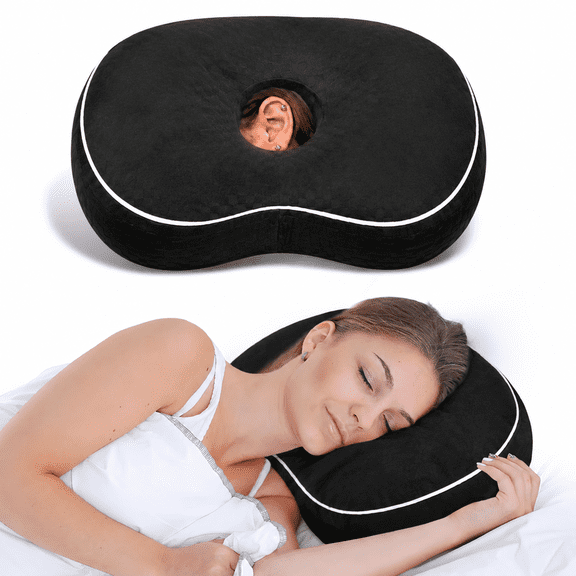 Pozico Ear Piercing Pillow for Side Sleepers, 4 Inch Ear Hole Pillow with Soft Velvet Washable Cover, Pressure Relief Support Cushion, Black