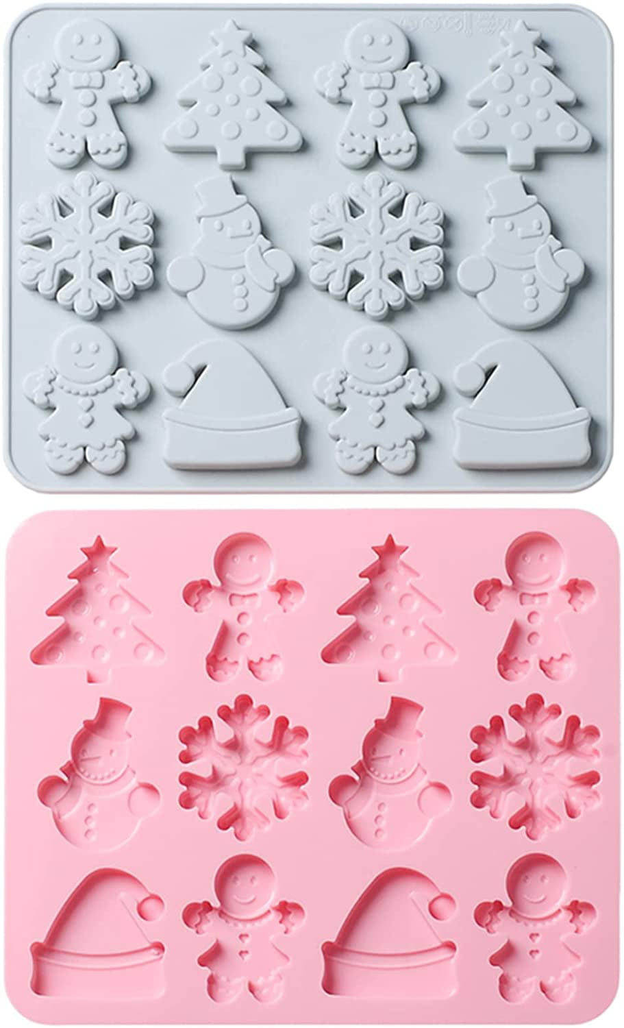 Pink 2Pcs Christmas Chocolate Moulds Silicone Fondant Mould Xmas Tree Snowman Snowflake Gingerbread Star Man Molds Ice Cube Tray Candy Cookies Dessert Baking Mold for Cake Decorating Sugarcraft DIY