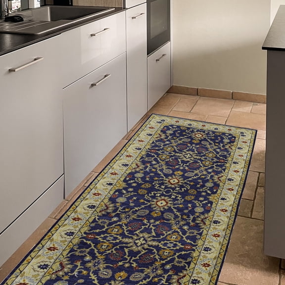 Contemporary Home Living 2' x 10' Floral Vine Rectangular Area Throw Rug Runner - Navy Blue and