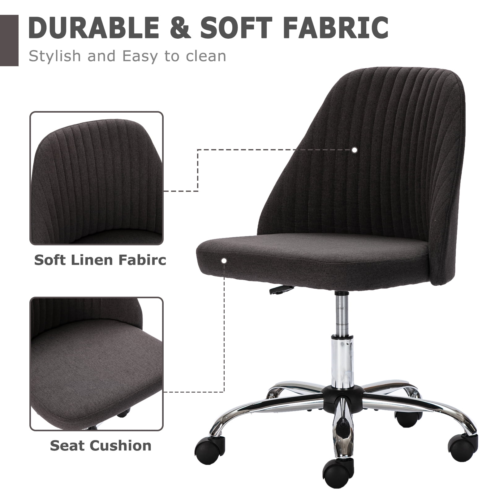 edx Vanity Chair, Armless Desk Chair with Wheels, Adjustable Swivel Fabric Makeup Chair, Comfortable Home Office Task Computer Chair, Dark Gray