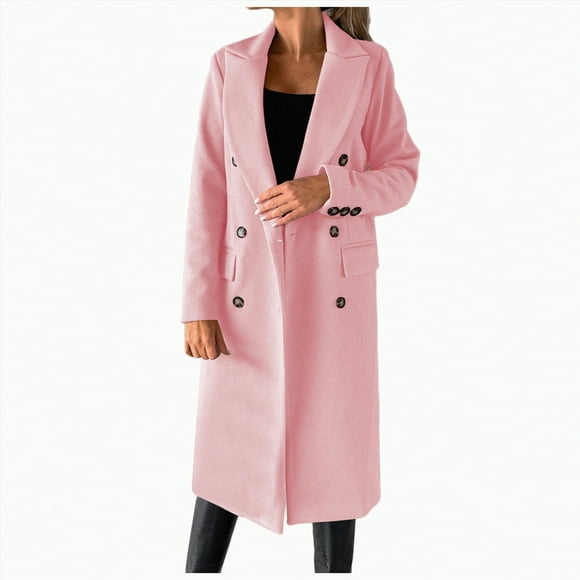 Splozh Women's Jacket Fall Casual Lightweight Ladies Elegant Solid Color Jacket Women Long Length Coats Wool Blend Holiday Lapel Classic Trench Coat Pink,L