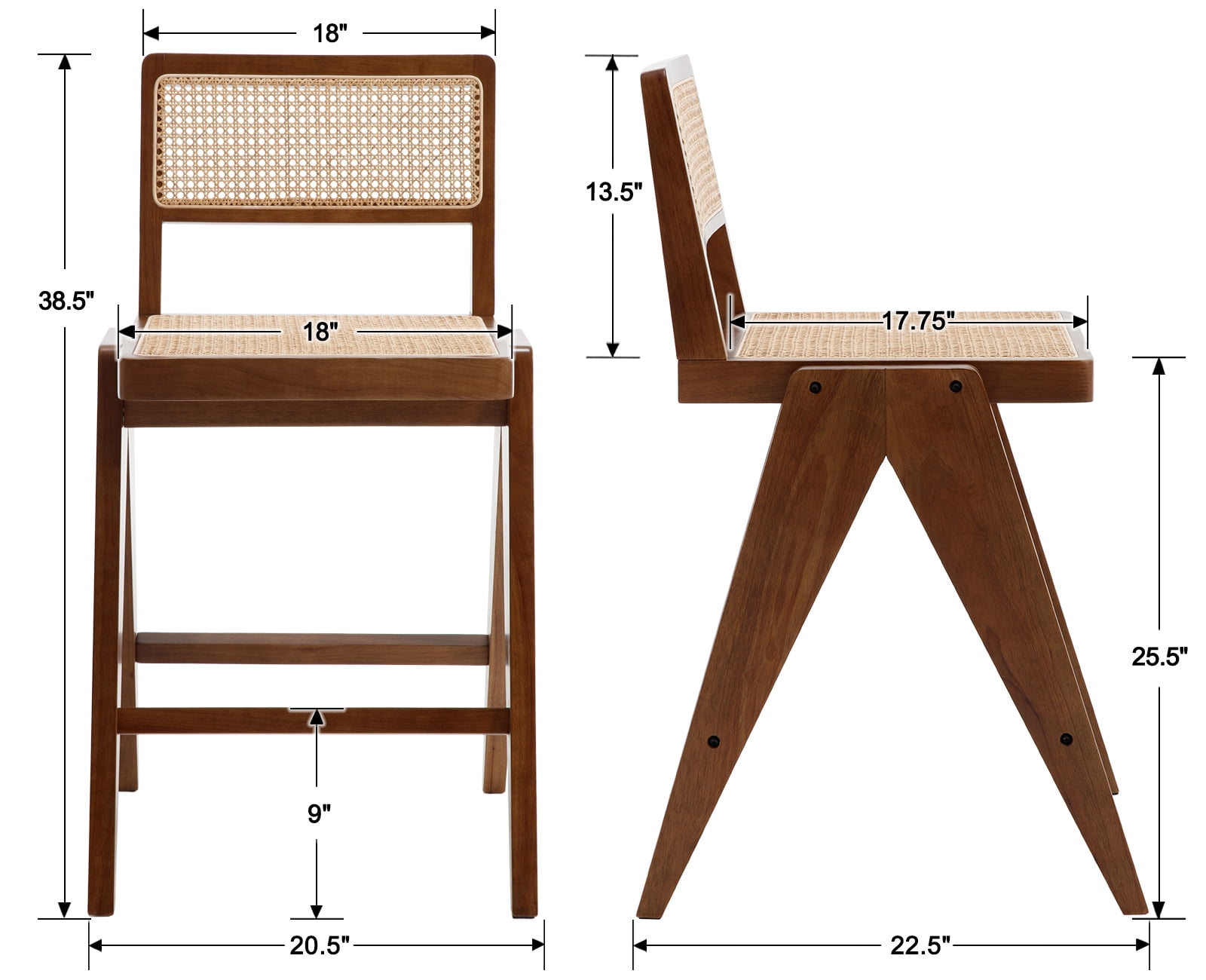 Dayalane 26" Rattan Counter Height Bar Stools Set of 2, French Bar Stools with Cane Back, Wooden Farmhouse Kitchen Chairs Counter Stools with Footrest for Kitchen Island Bistro Bar, Walnut