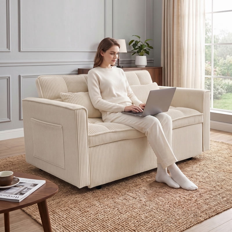 Anpport 54" 3‑in‑1 Convertible Sleeper Sofa Bed, Corduroy Pull‑Out Couch with Adjustable Backrest, Side Pockets & 2 Pillows for Small Spaces, Beige