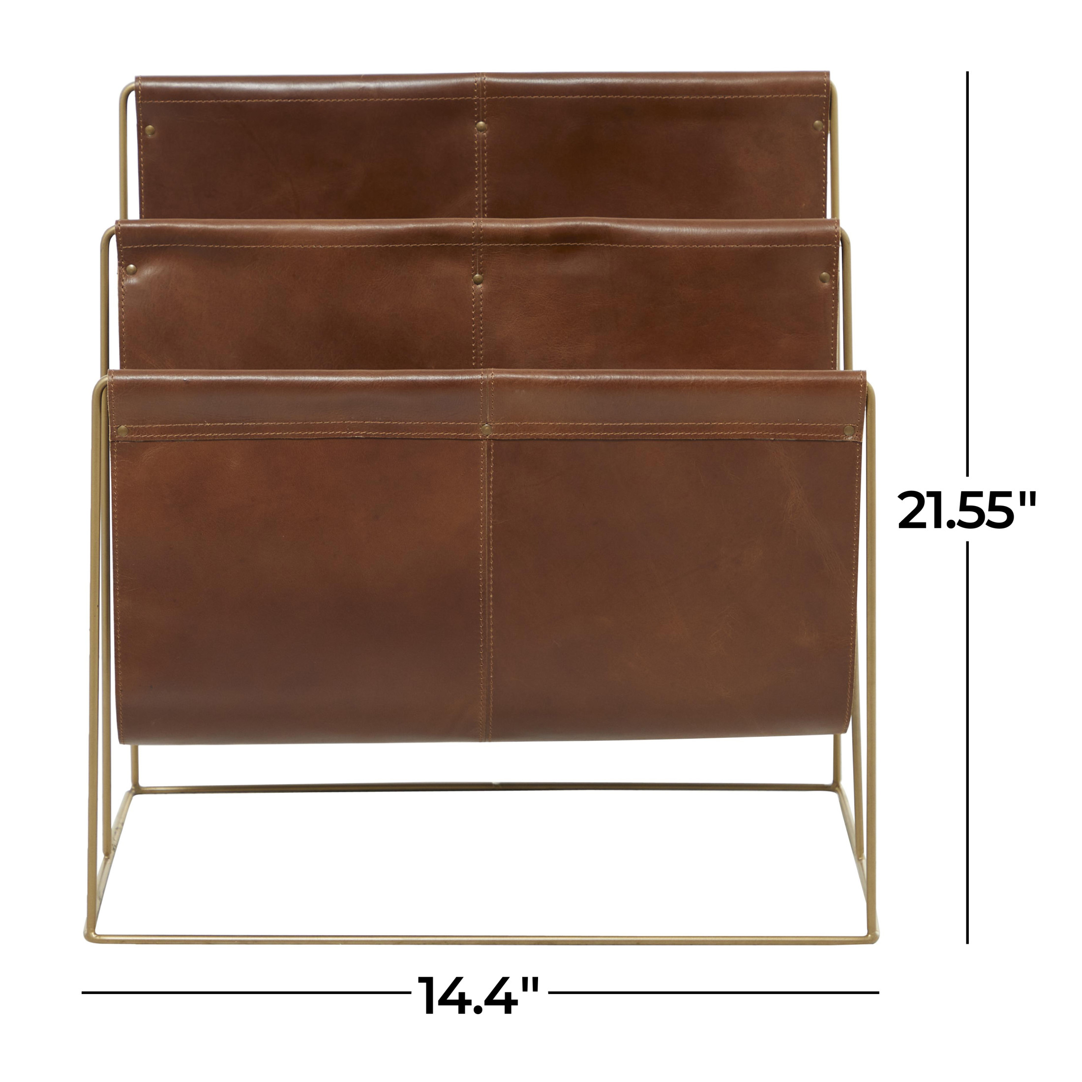 DecMode 22" Brown Leather 3 Slot Magazine Holder with Metal Stand