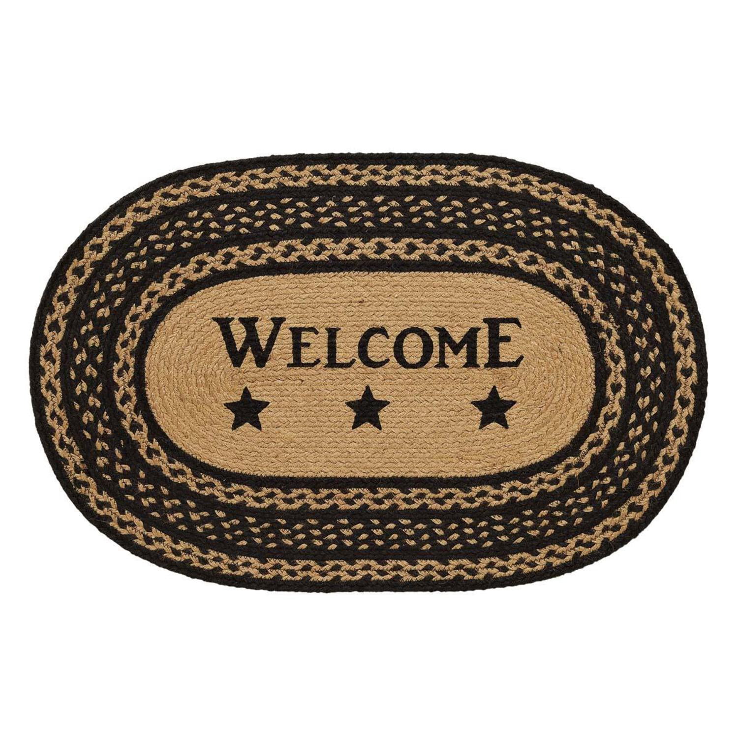 VHC Brands Farmhouse Primitive Jute Black Accent Rug Rect Stencil Stars Welcome w/ Pad 20"x30"