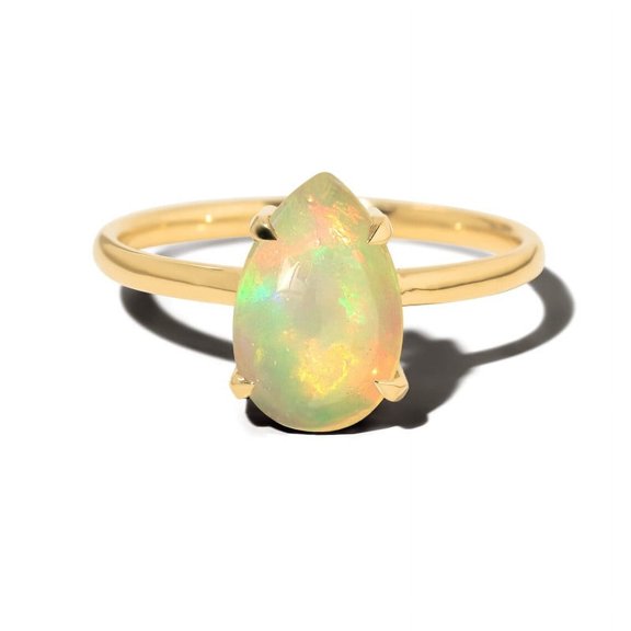 Gitanshjewels Natural Fire Opal Pear Ring in 925 Yellow Gold Plated for Women| April Birthstone Jewelry for Her | Fire Opal Engagement Rings