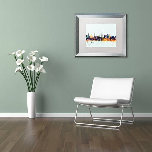 Trademark Fine Art "Paris France Skyline Blue" Canvas Art by Michael Tompsett, White Matte, Silver Frame