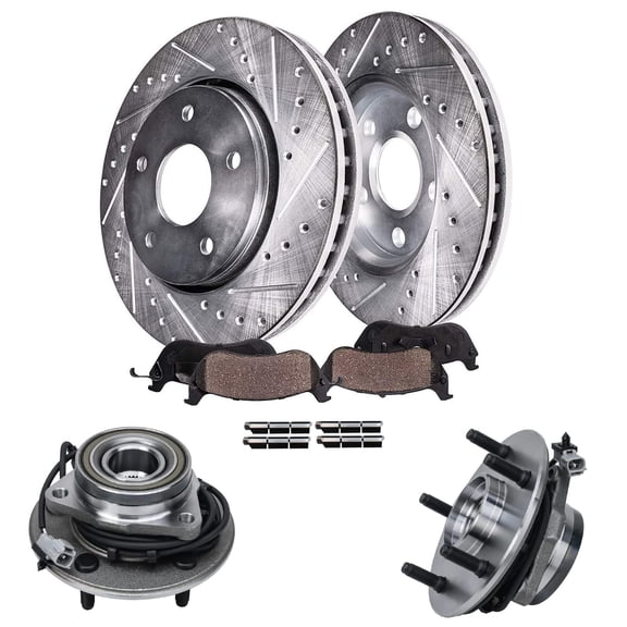 Detroit Axle - 4WD Front Wheel Bearing Hubs Brake Kit for 2000-2001 Dodge Ram 1500 [4-Wheel ABS] Drilled & Slotted Brake Rotors Ceramic Brakes Pads Wheel Bearing Hubs Replacement
