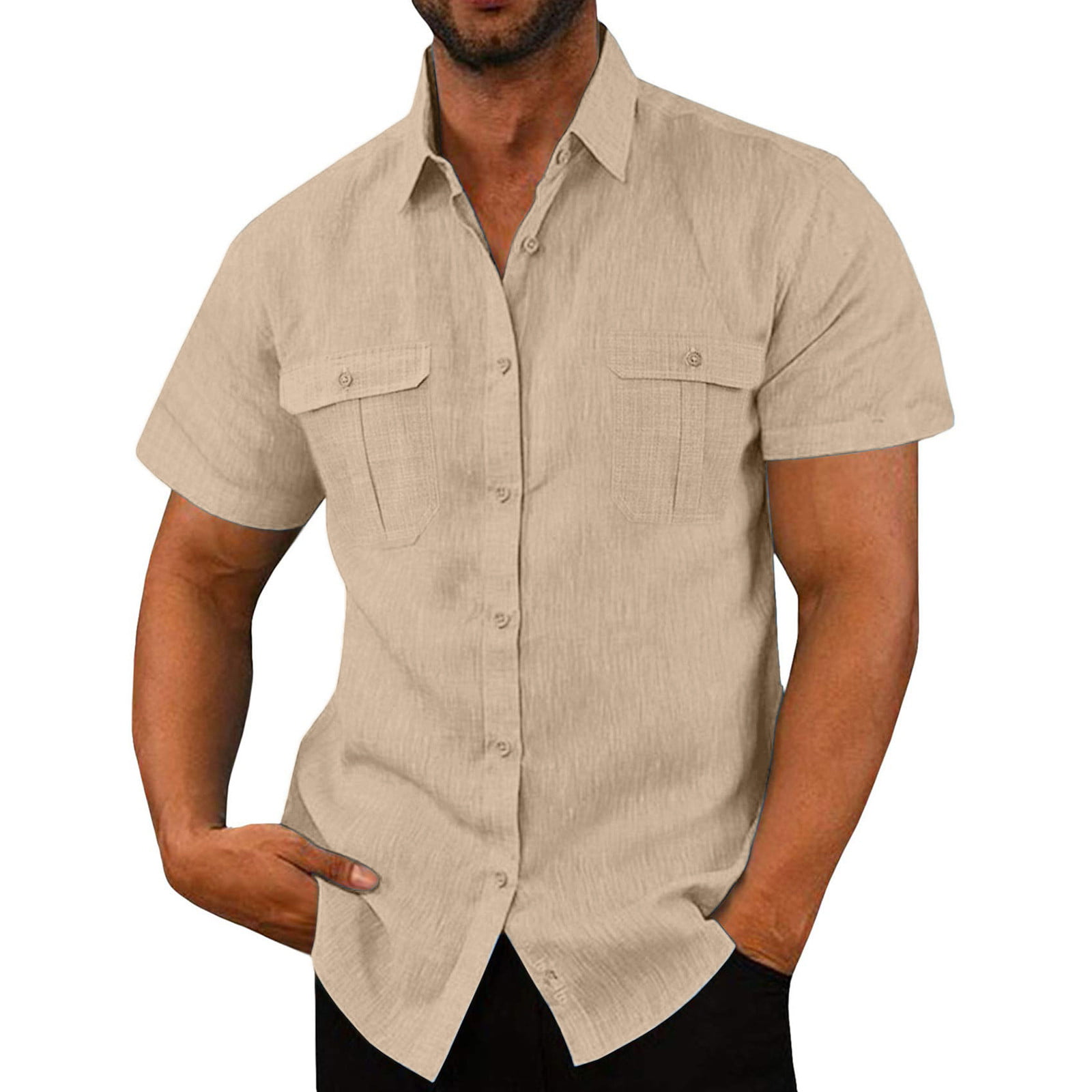 WANYNG shirts for men Male Casual Solid Top Shirt Double Pocket Short  Sleeve Elegant Turn Down Collar Shirt Button Formal Shirt V Neck fall  clothes for men 2022 Khaki 2XL 