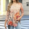 thumbnail image 3 of JTZGDY Summer Tunic Tops for Women Dressy Casual 2025 Fashion 3/4 Lenght Sleeve Floral Printed Ruched Pleated Crewneck Graphic T-Shirts Loose Fit Curvy Hem Blouse Orange L, 3 of 7