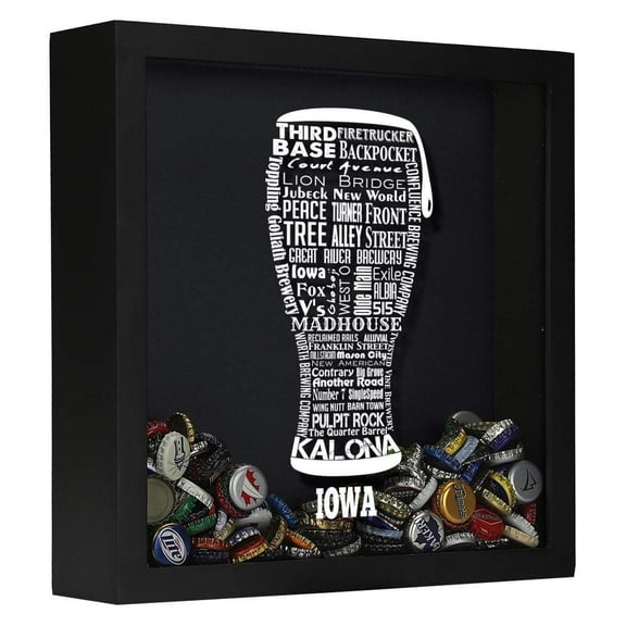 Torched Iowa Beer Cap Shadow Box Wall Mount Decor 13"x13"x3.5" Black