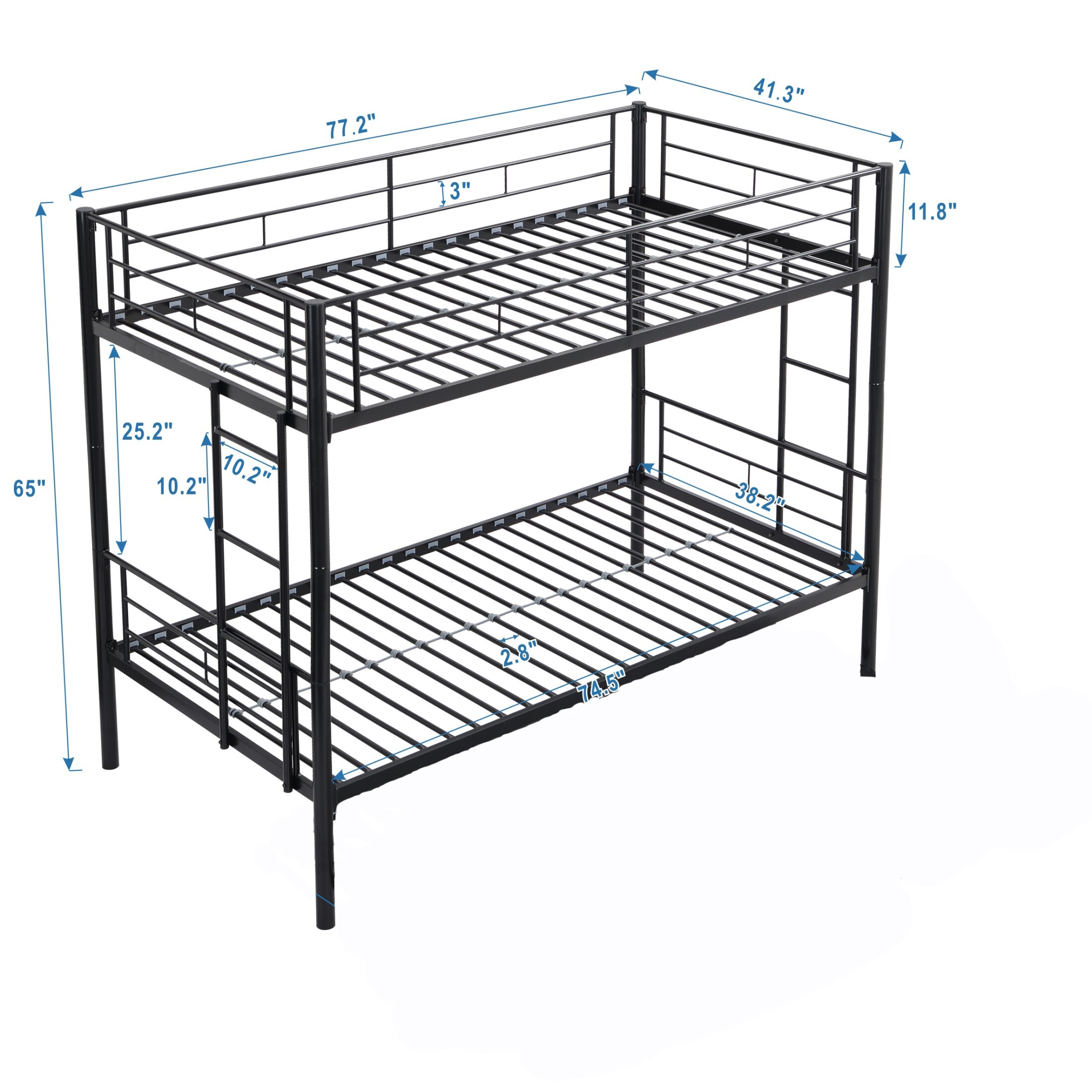 DEALTOPS Metal Bunk Bed Twin Over Twin, Durable Bunk Bed with Ladder and Full-Length Guardrail, Black