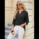 thumbnail image 4 of Blusas Elegantes e Informales para Mujer, Camisetas de 3/4 con Cuello en V y Puños Fruncidos. Negro XXL, 4 of 10