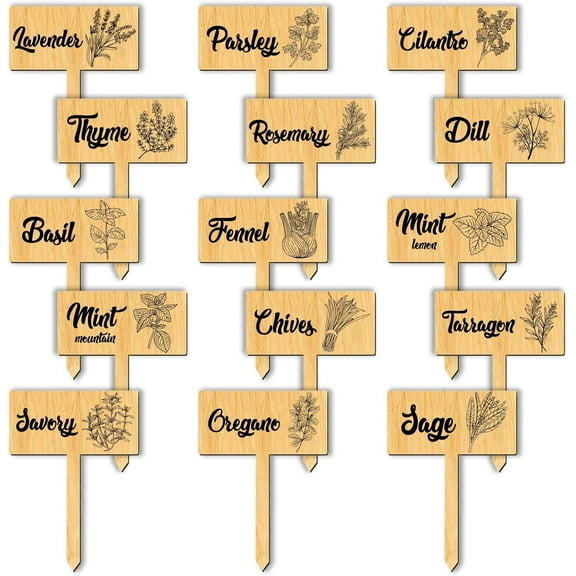 15Pcs Plant Labels Wooden Herb Markers Herb T Type Tags Garden Labels with Printed Herb Name Wood Garden Stakes
