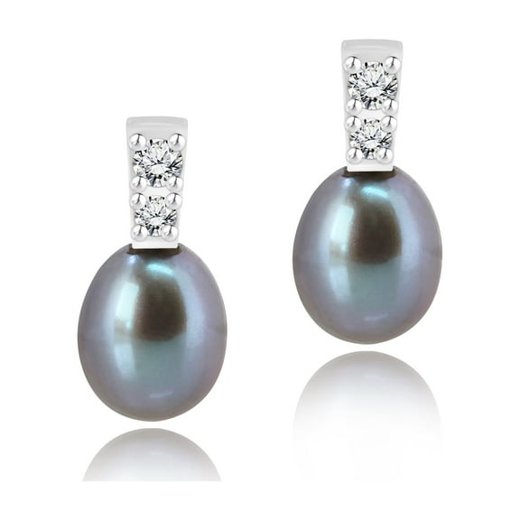 JeenMata 6 mm Simple Grey Pearl Earrings and Moissanite for Women in 18K White Gold over Silver