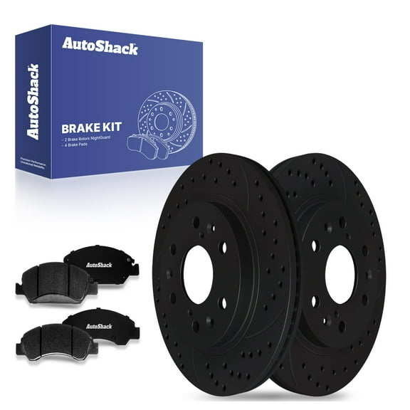 AutoShack 12.98" (329.8 mm) Front Vented Drilled & Slotted Brake Rotors E-Coated   Ceramic Brake Pads | Replacement for 2005-2018 Chevrolet Silverado 1500 | Black Finish | 6-PC Brake Kit | NightGuard
