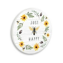 Stupell Industries Just Bee Happy Pun Phrase Yellow Daisy Country Wreath,12 x 12,Design By Elizabeth Tyndall