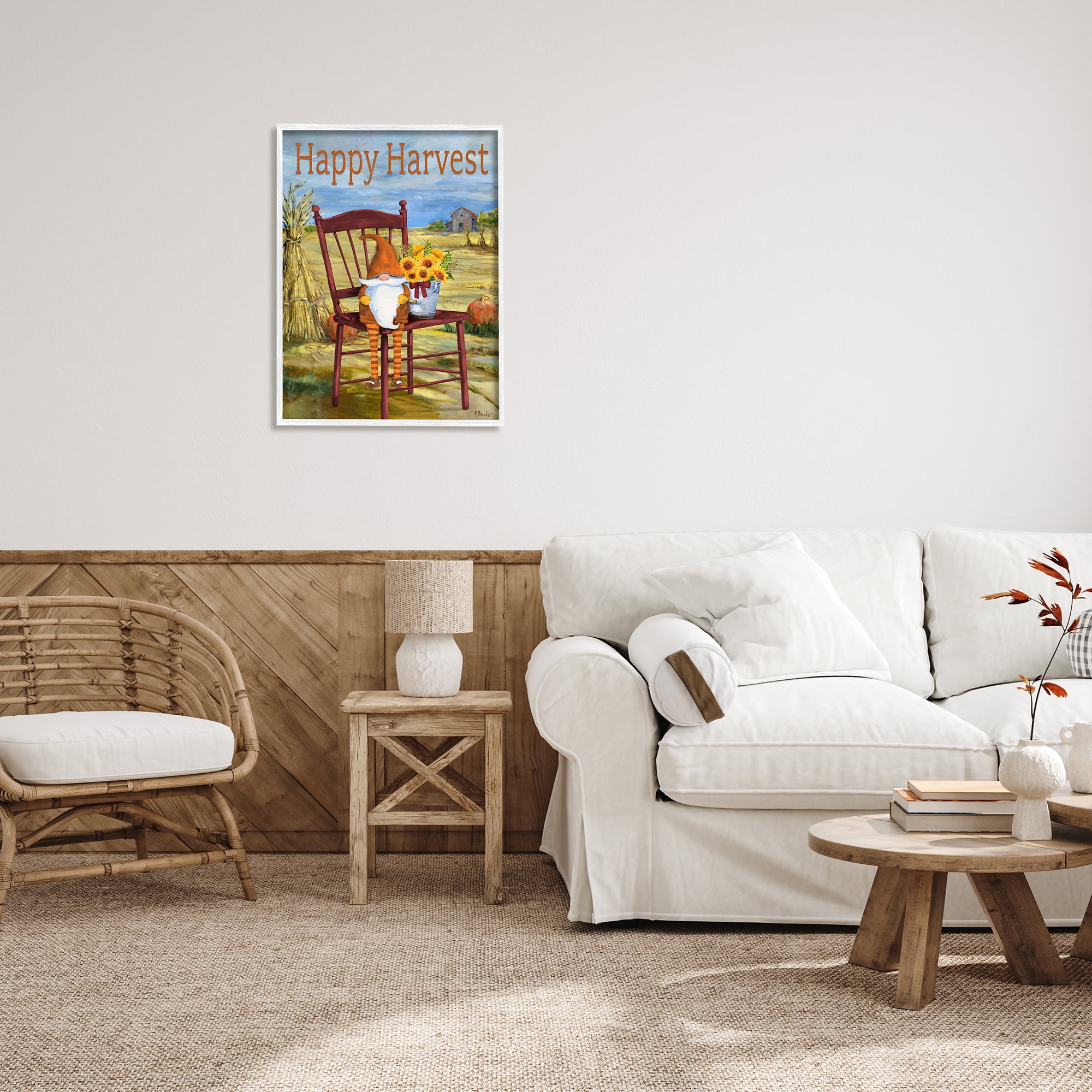 Stupell Industries Happy Harvest Country Gnome Landscape Painting White Framed Art Print Wall Art, 24 x 30