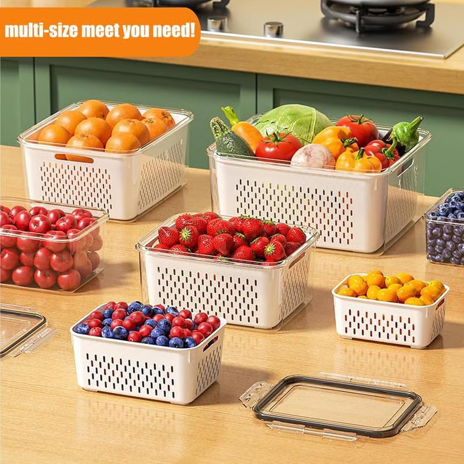 4-in-1 Food Storage Container, Multifunctional Plastic Produce Saver Bins with Removable Colander Vegetable Containers for Fridge
