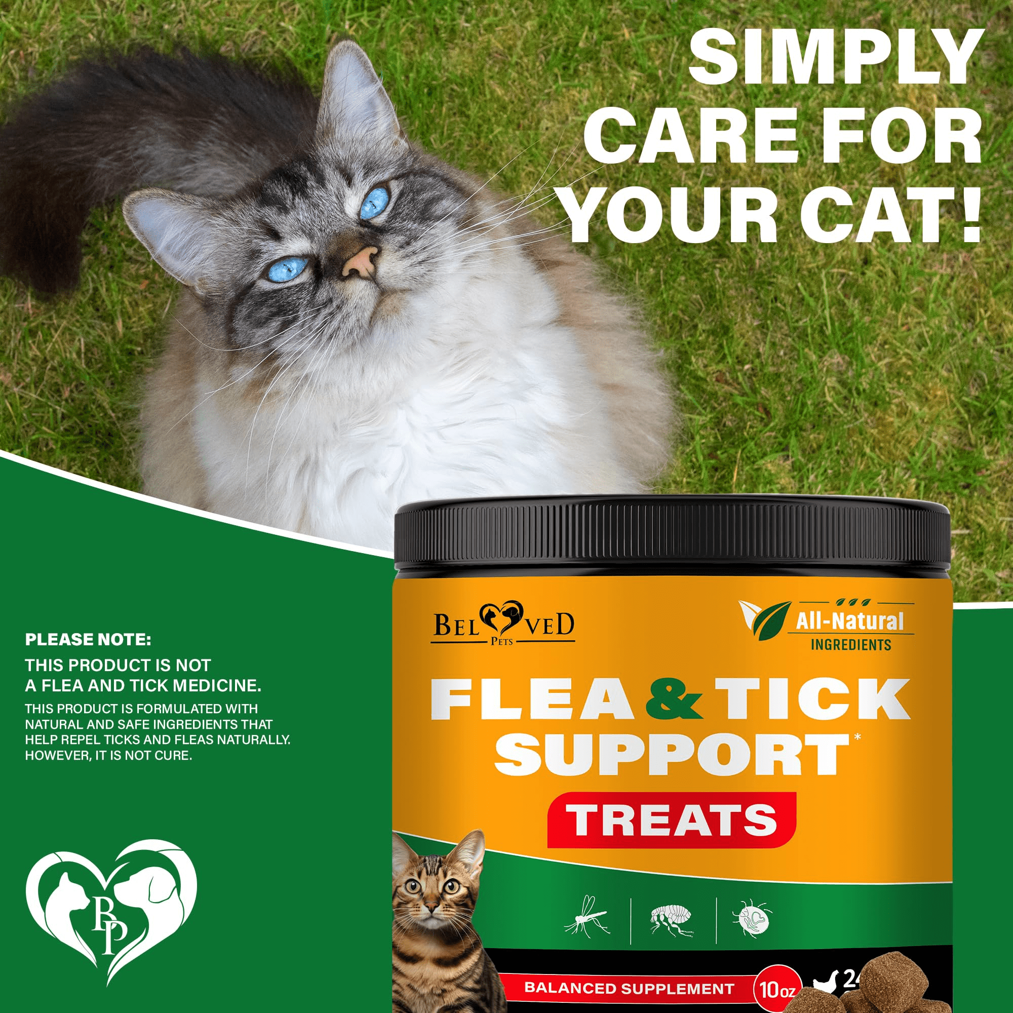 Beloved Pets Natural Flea and Tick Support Chews - Chicken Flavored Healthy Skin & Coat Soft Treats for Cats, 10 oz Jar