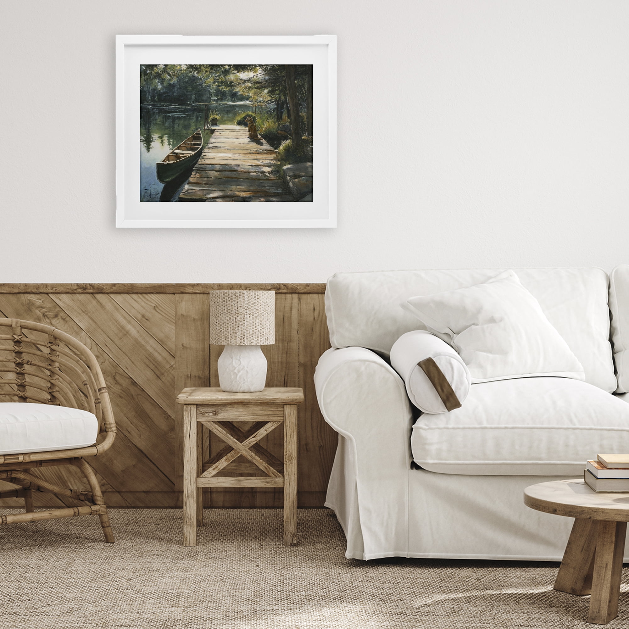 Lake Life Dog on Dock White Framed Print Under Glass, design by Sara Culpepper