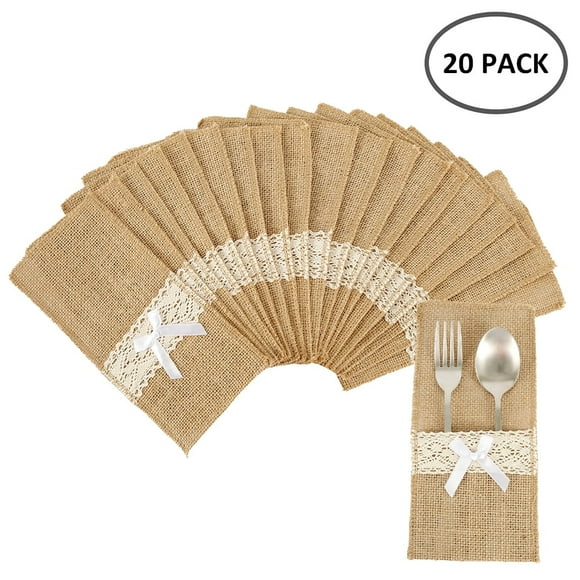 Pluokvzr 20pcs Lace Silverware Pouch Burlap Silverware Holder Wedding Table Decor Jute Lace Knife Fork Pouch Cover Bags