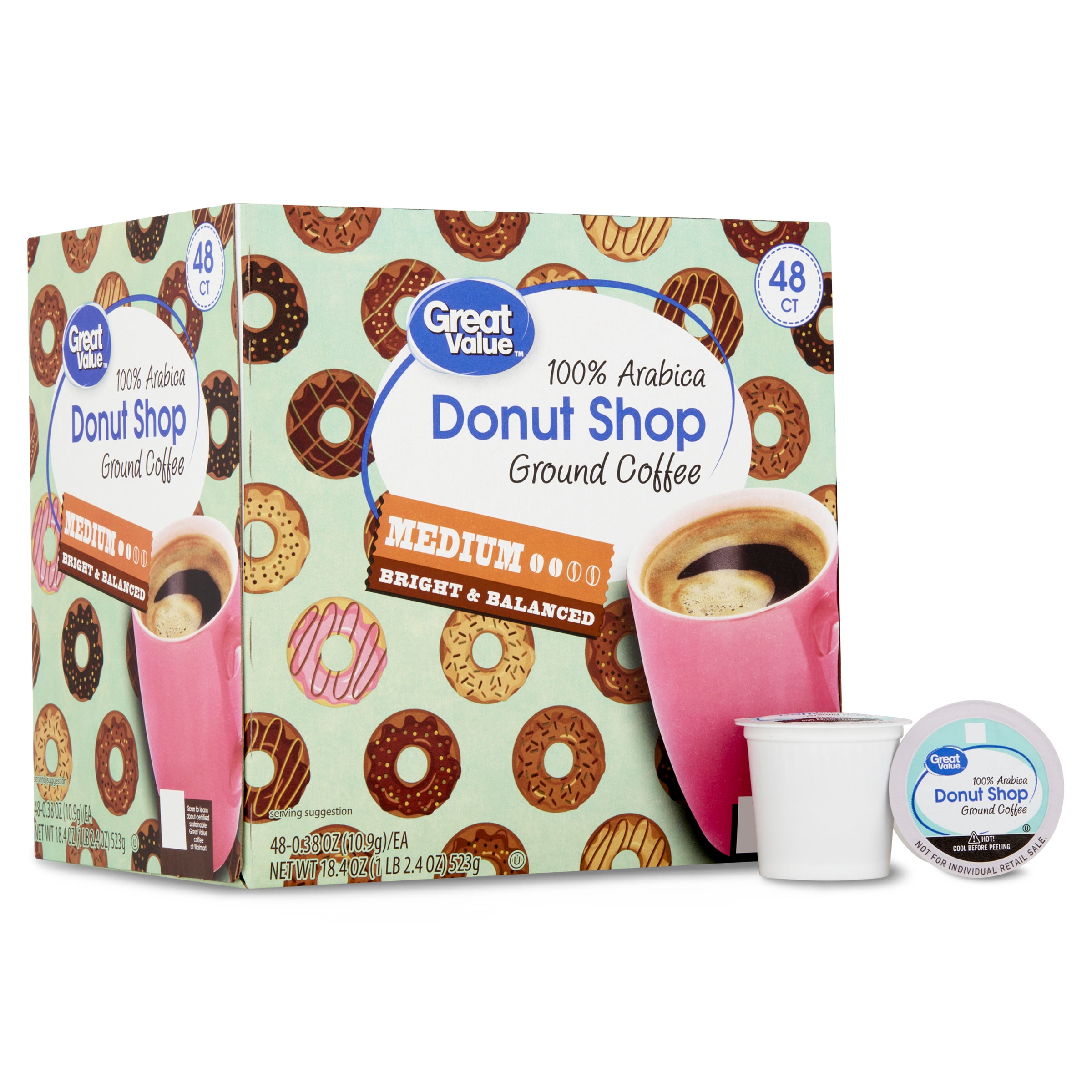 Great Value Donut Shop 100% Arabica Medium Roast Ground Coffee Pods, 48 Ct