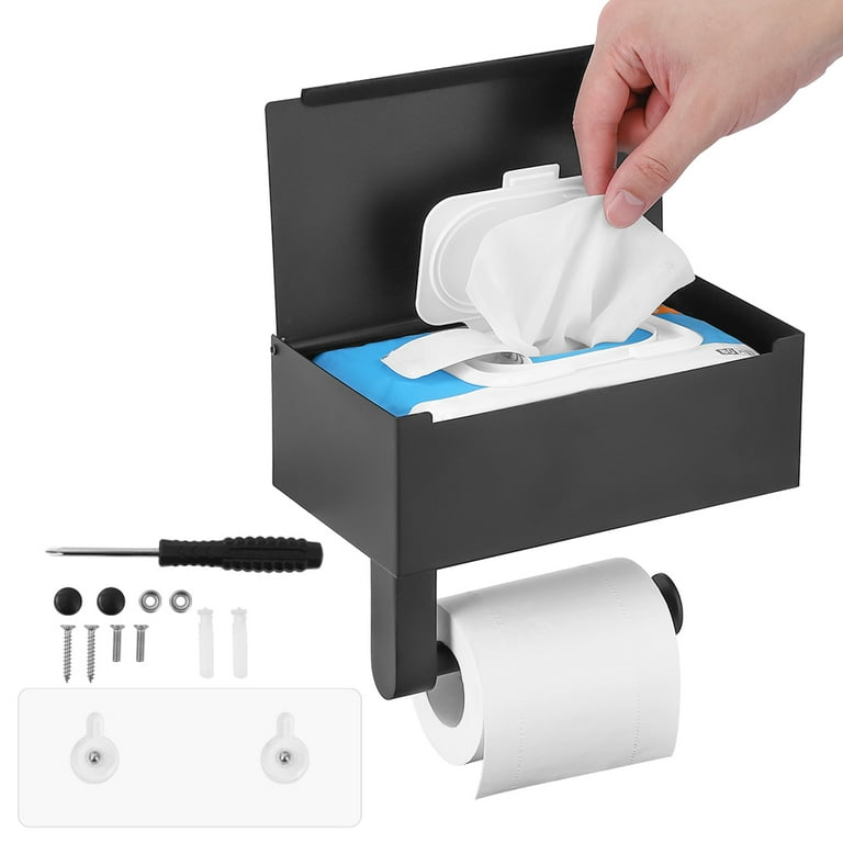 Toilet Paper Holder Stand Black With Shelf Bathroom Wall Mount Stand Storage