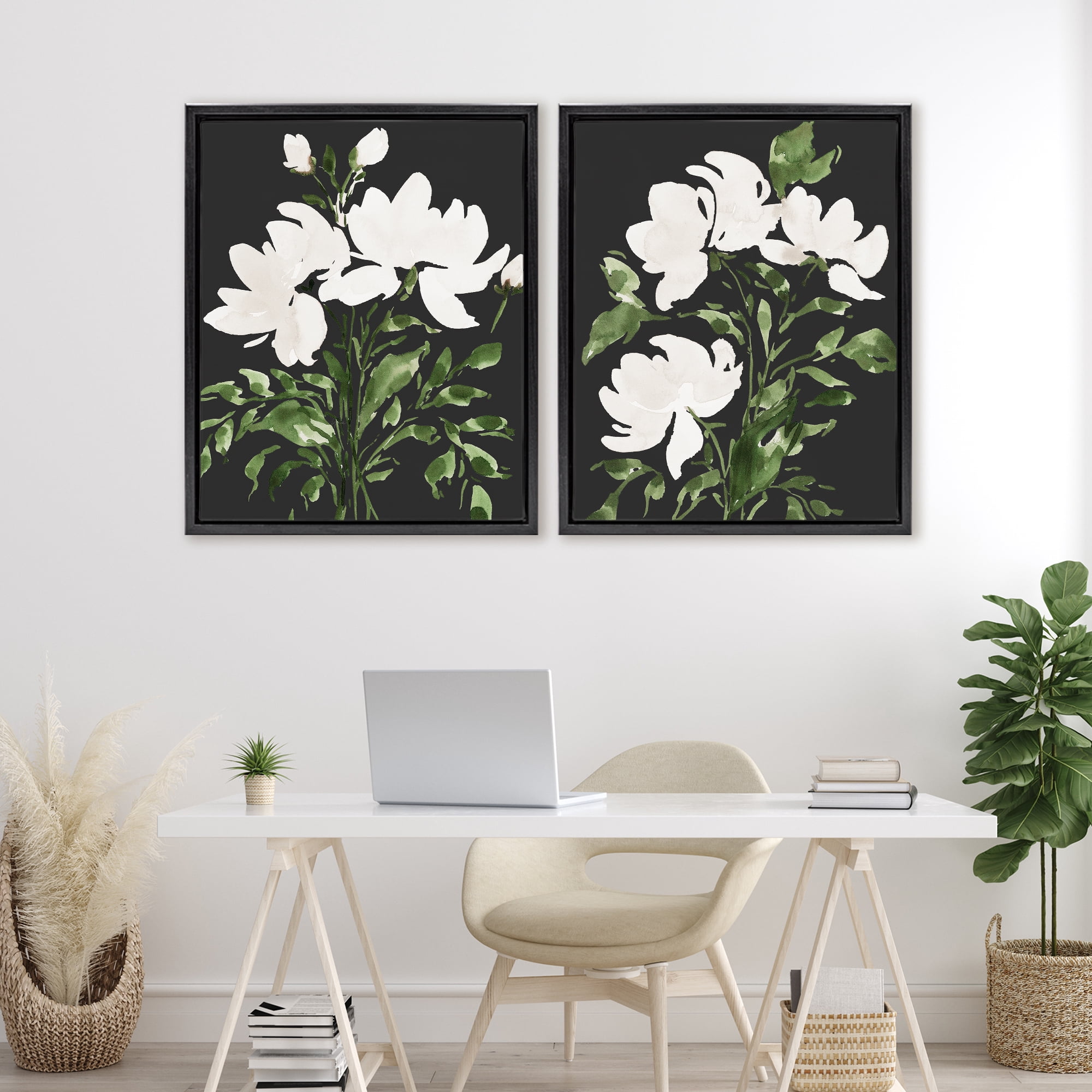 Stupell Industries White On Black Blooms 2 Piece Black Framed Floater Canvas Set, design by Lucille Price