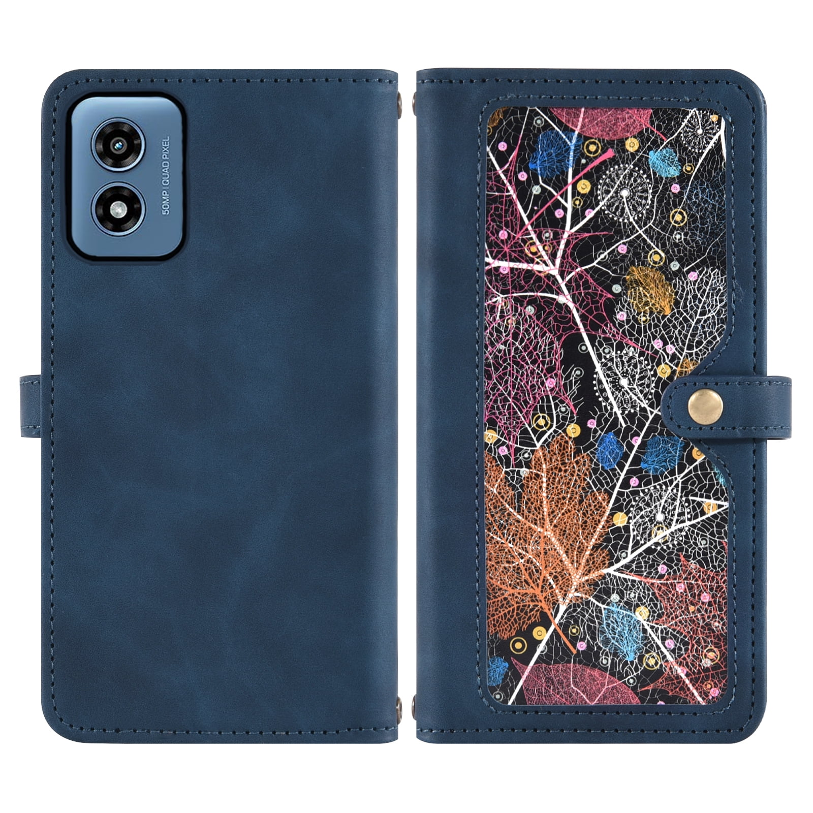 Asuwish Phone Case for Motorola Moto G Play 4G 2024 Wallet Cover With Tempered Glass Screen Protector Crossbody Wrist Strap Flip Pattern Zipper Credit Card Holder Cell XT2413V XT2413-1 64GB Men Blue