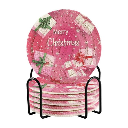 

6 Pcs Drink Coasters with Holder Absorbent Coasters Minimalist Home Decor Coaster Set Stylish Handmade Round Woven Coaster for Drinks Table Desk Protection Christmas Background with Gifts