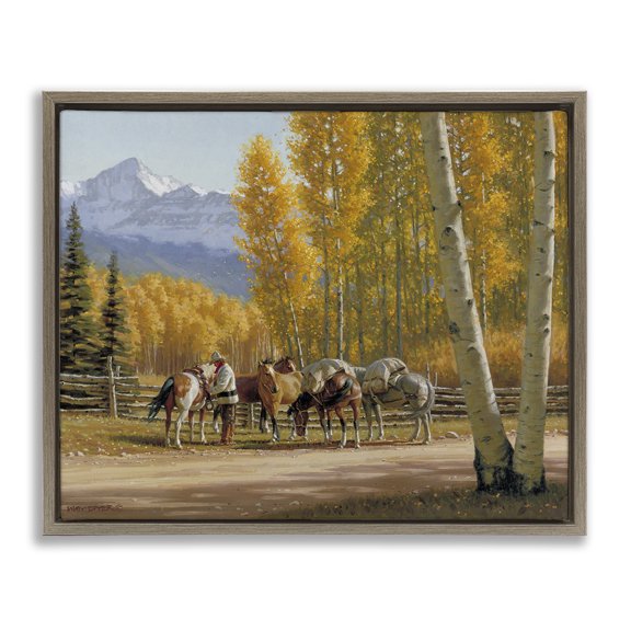 Stupell Industries Farmhouse Horses with Fall Foliage Brown Floating Frame Canvas Art, 31 x 25, by Jimmy Dyer