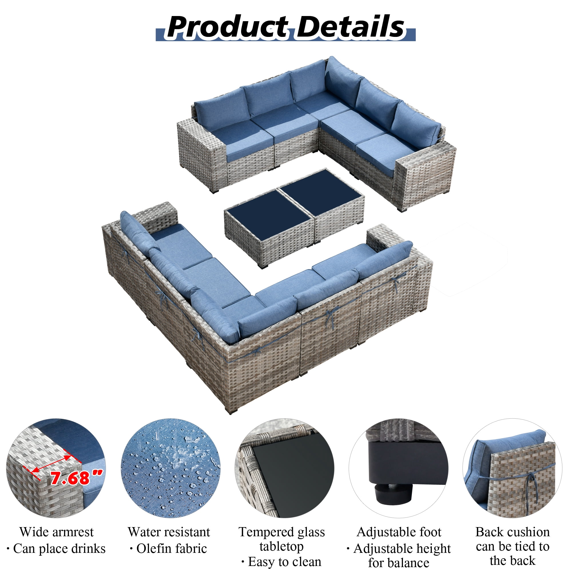 Ovios 12 Pieces Outdoor Furniture All Weather Wicker Patio Conversation Sectional Sofa Set with Side Table for Garden Backyard
