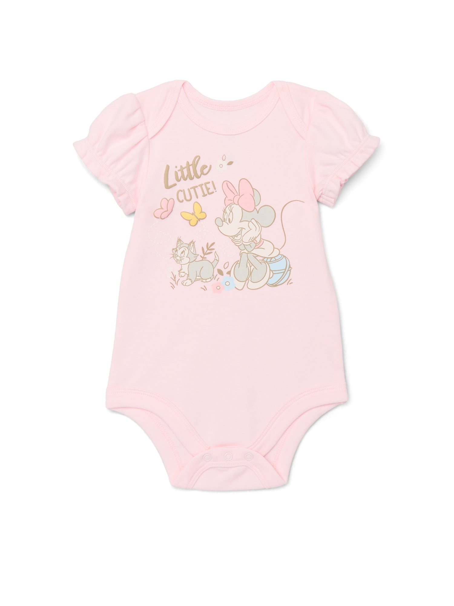 Disney Baby Wishes + Dreams Minnie Mouse Baby Girls Bodysuit with Puff Sleeves, 3-Pack, Sizes Newborn-18 Months