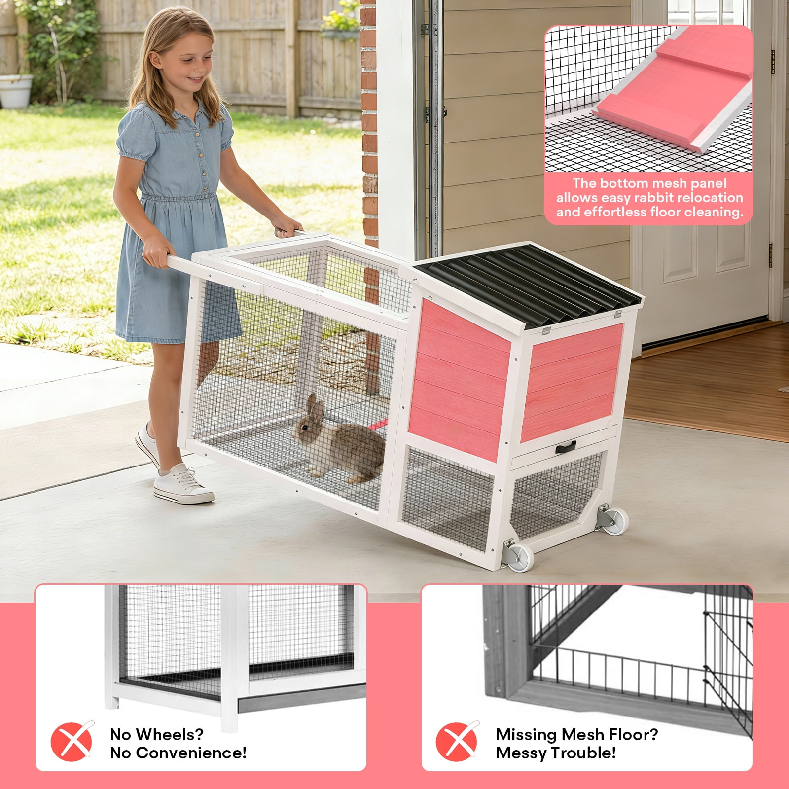 TIMHAKA 2-Story Rabbit Hutch, Wooden Bunny Cage w/ Chew-Proof Ramp & Wheels & Pull-Out Tray for Rabbits & Small Animals, White & Pink