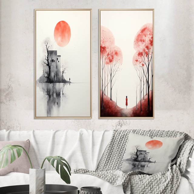 Designart "Minimal Serenity Moonlit Wanderings" Abstract Landscape Framed Wall Art Set Of 2 - Modern Pink Gallery Wall Frame Set For Home Decor