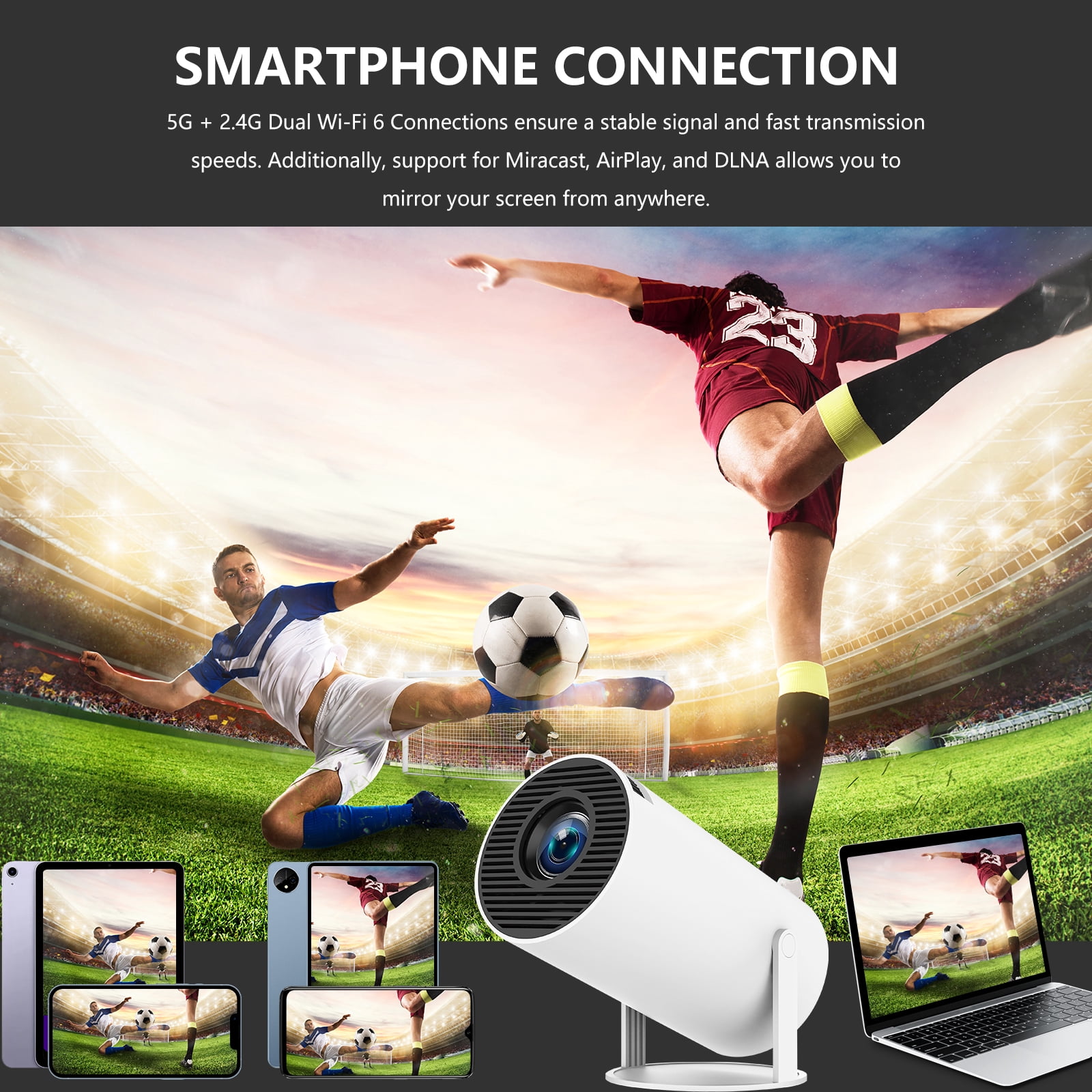 Mini Projector with Bluetooth and WiFi 6, 4K 1080P Support Portable Home Theater Projector for  Laptop, PC, Smartphone