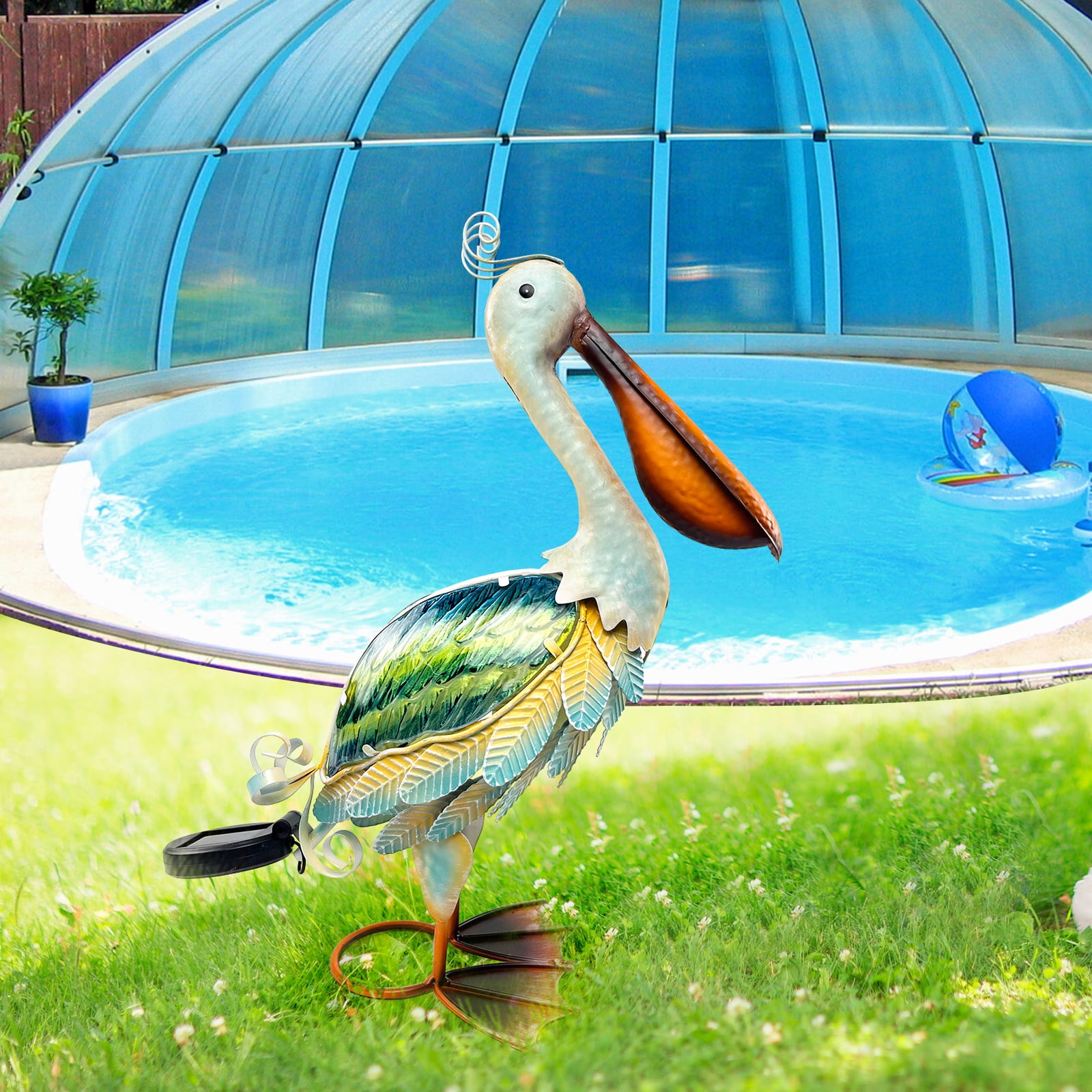 HONGLAND Solar Metal Pelican Garden Statue, 3D Glass Outdoor Pelican Yard Art for Porch Patio,Easy Assemble-19 inch