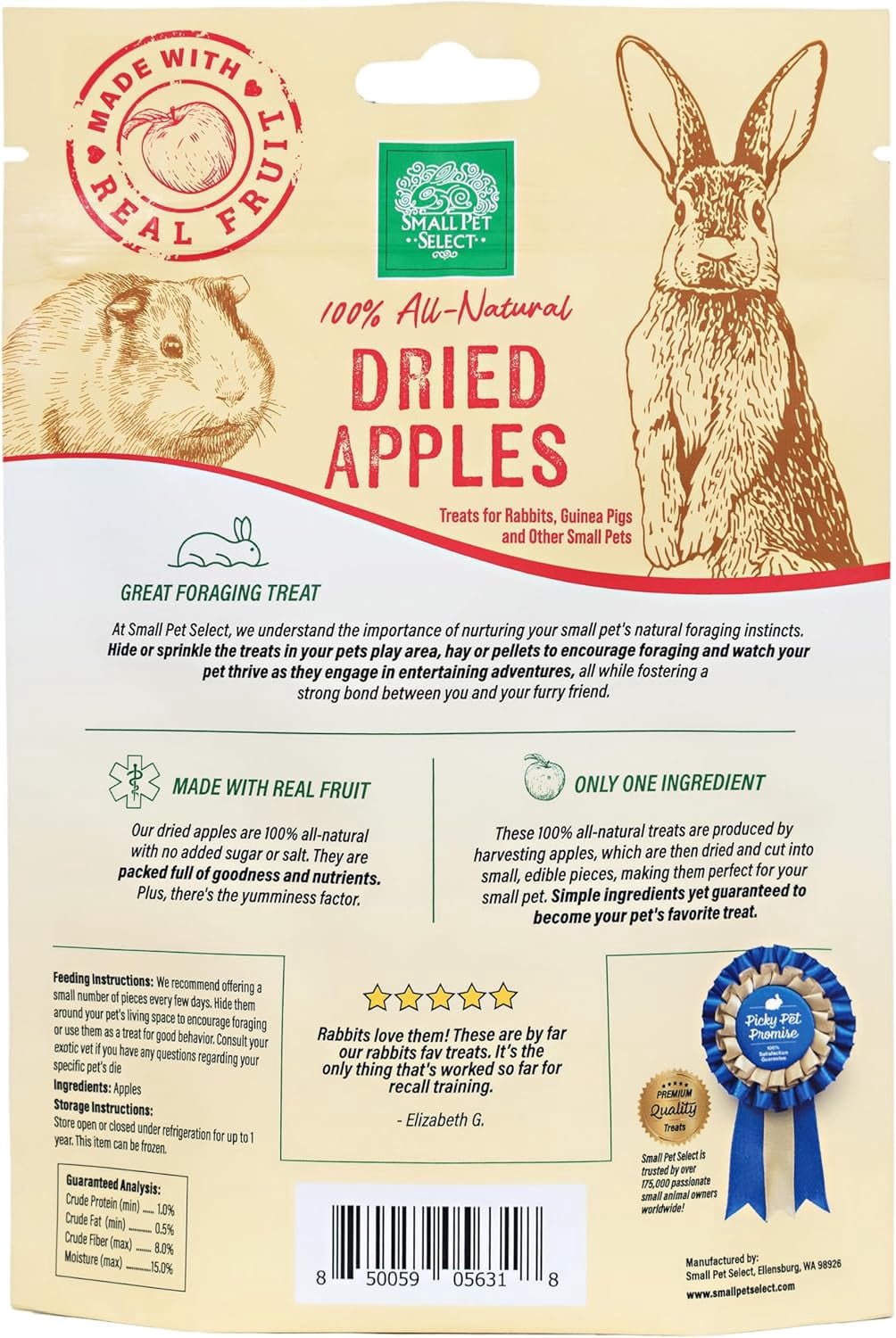 Small Pet Select - Dried Apples, a Natural Treat for Rabbits, Guinea Pigs, Chinchillas, Gerbils, Hamsters, Mice, and Rats, 2oz